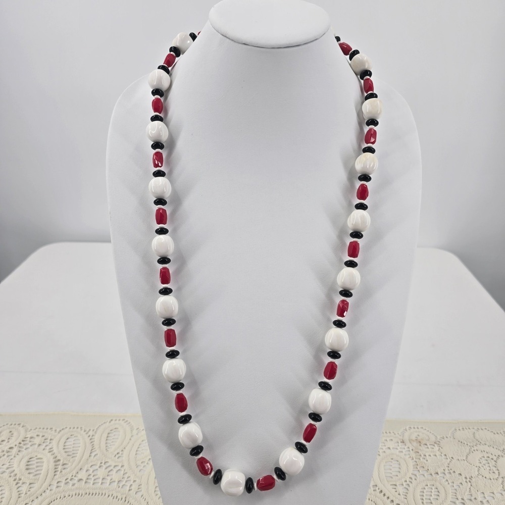 Vintage MONET Necklace Red White Black Lucite Chunky Bead 34"